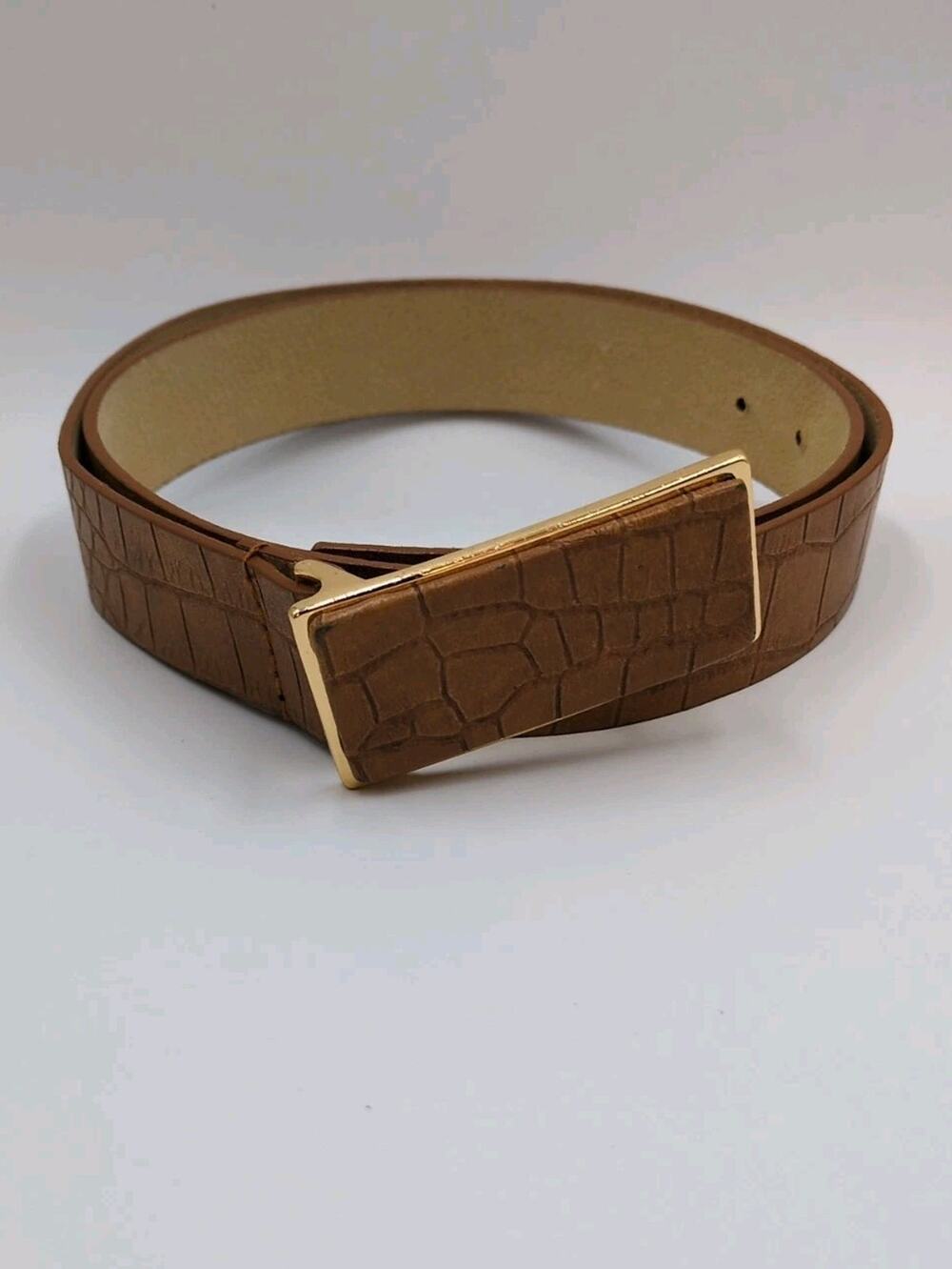 Vintage Nine West Leather Belt L Tan Reptile Print Gold Buckle 37–41" 90s